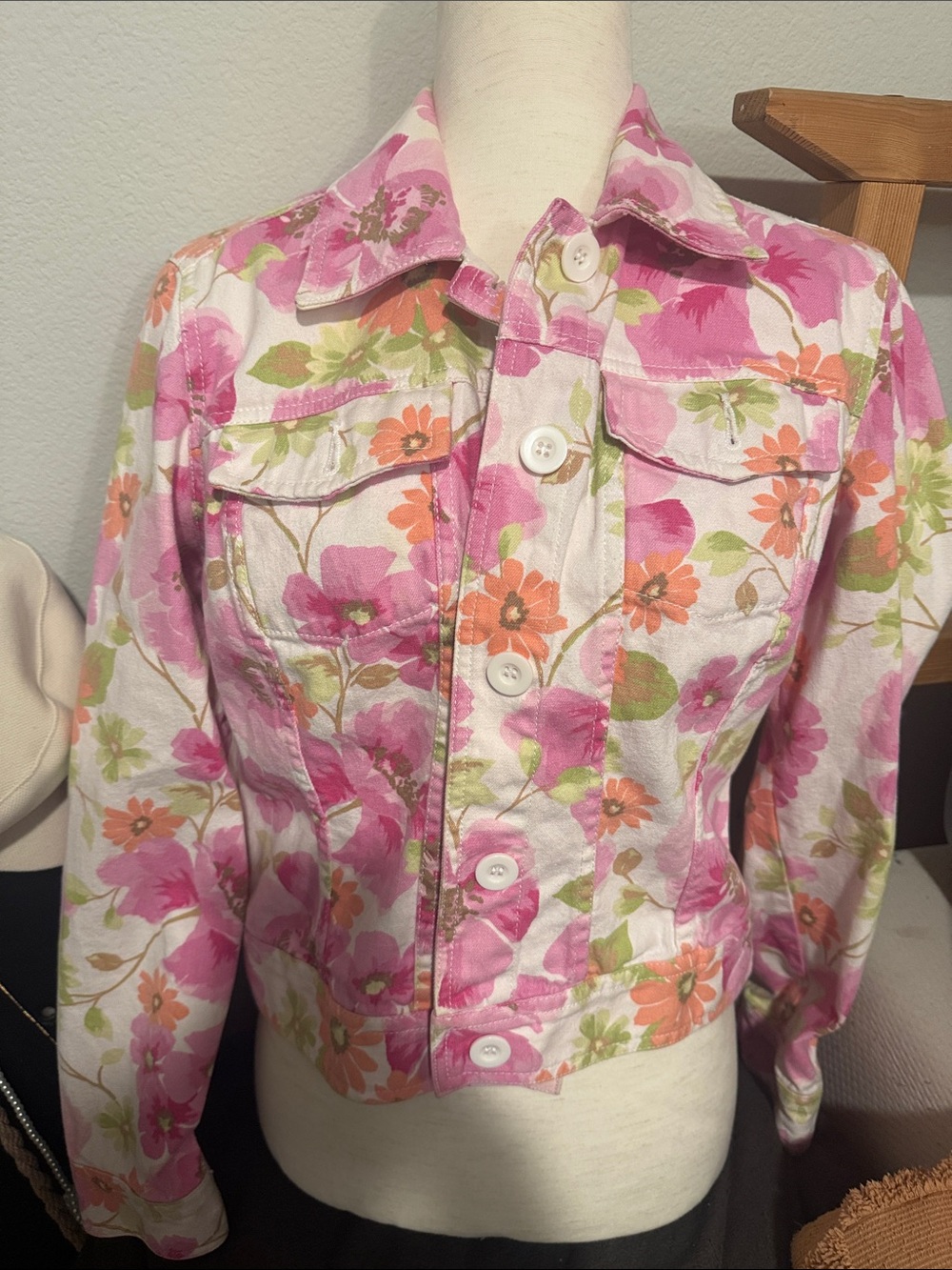 Liz Claiborne Pink Floral Cotton Jean Jacket